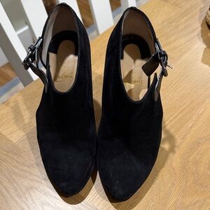 Christian Louboutin Black Suede Ankle Heeled Boots with Buckle Strap